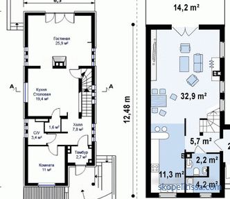 Progetti di case a un piano per aree ristrette, pianificazione, schemi, foto nel catalogo