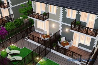 Progetti di case a schiera e duplex per 2, 4 famiglie di classe economica, a due piani, caratteristiche, foto nel catalogo
