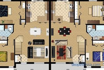 Progetti di case a schiera e duplex per 2, 4 famiglie di classe economica, a due piani, caratteristiche, foto nel catalogo