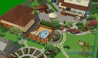 layout della trama con la casa, garage e sauna, progetti e opzioni di design, foto
