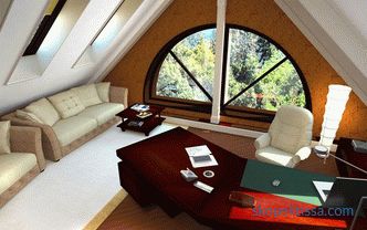 Interni e design dell'attico in una casa di legno, secondo piano al cottage, il tetto della soffitta, idee, foto